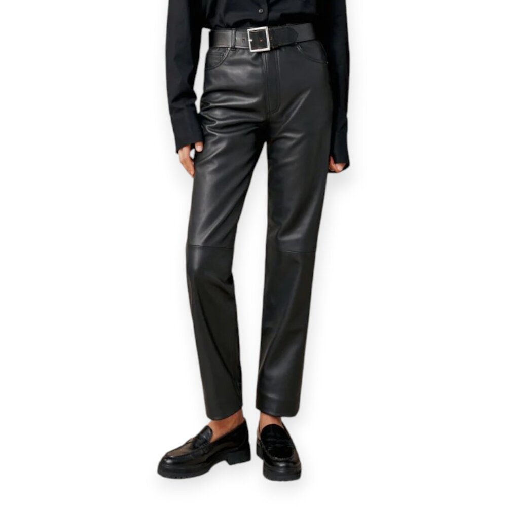 NWT Veda x Reformation Cynthia Black Real Leather Straight Leg Pants | Size 4